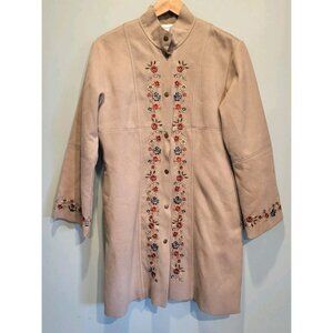 Tan Faux Suede Floral Embroidered Cottagecore Long Jacket Susan Bristol Sz M